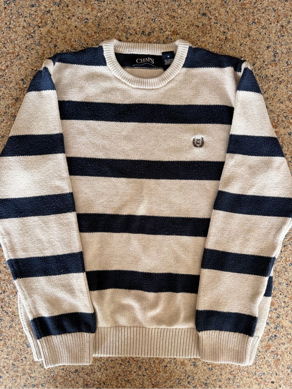 Chaps Men’s Cream & Navy Striped Crewneck Sweater 100% cotton